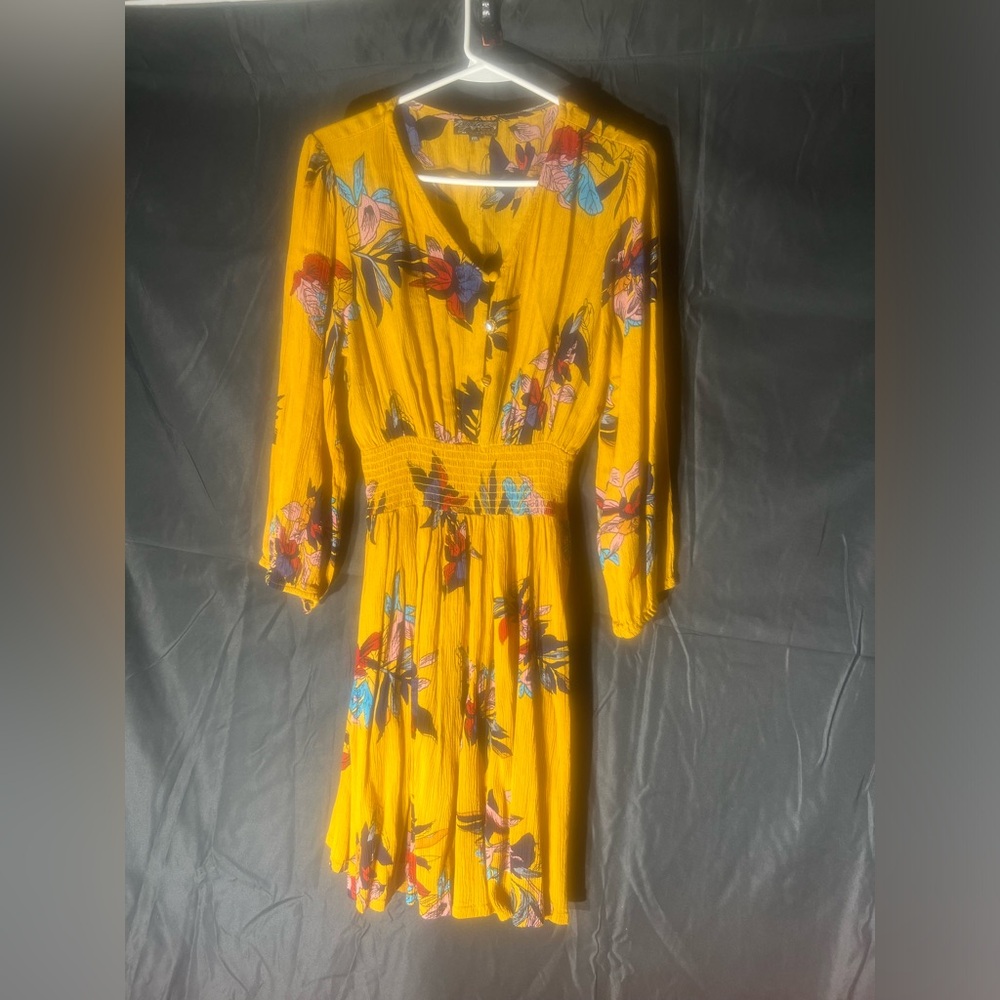 Floral golden yellow petite medium Dress long sleeve fit and flare